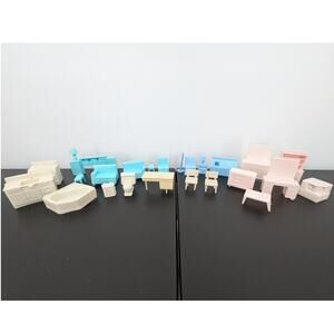 VTG 1950s Plastic Dollhouse Furniture Lot 24Pc Mixed Colors Kitchen Bedroom Bath